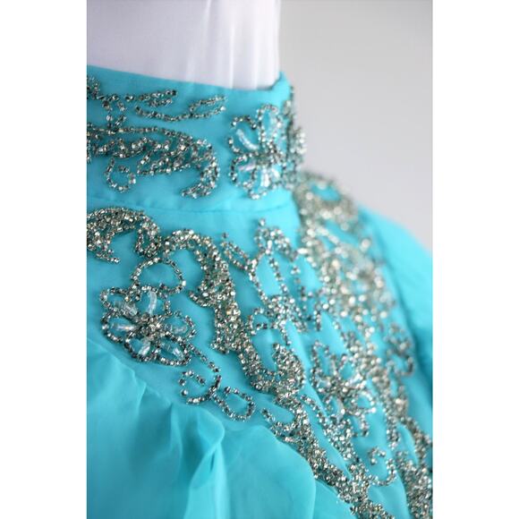 Vintage 1970s Blue Chiffon Maxi Dress with Ornately Beaded Neckline Medium - Picture 5 of 10